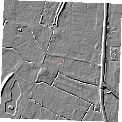 Shaded relief map of the ground around PE251JF, computed from Environment Agency LiDAR. The ground here sits at about 2 m above sea level and falls 5 m across the surrounding 800 m. Surface water reaching this point runs off ground lying to the west, 0.7 m higher.