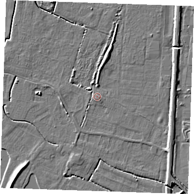 Shaded relief map of the ground around PE251JG, computed from Environment Agency LiDAR. The ground here sits at about 3 m above sea level and falls 5 m across the surrounding 800 m. Surface water reaching this point runs off ground lying to the south, 1.3 m higher.