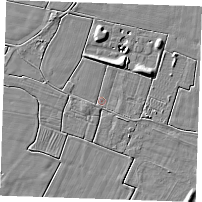 Shaded relief map of the ground around PE251JH, computed from Environment Agency LiDAR. The ground here sits at about 2 m above sea level and falls 9 m across the surrounding 800 m. Surface water reaching this point runs off ground lying to the east-south-east, 1.0 m higher.
