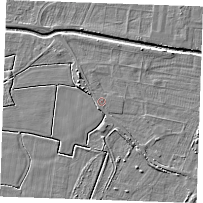 Shaded relief map of the ground around PE251JL, computed from Environment Agency LiDAR. The ground here sits at about 2 m above sea level and falls 5 m across the surrounding 800 m. Surface water reaching this point runs off ground lying to the south-south-west, 0.7 m higher.