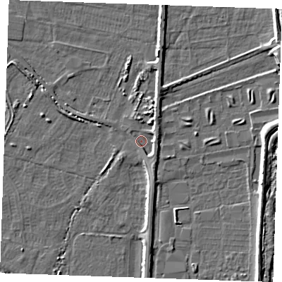 Shaded relief map of the ground around PE251JP, computed from Environment Agency LiDAR. The ground here sits at about 2 m above sea level and falls 6 m across the surrounding 800 m. Surface water reaching this point runs off ground lying to the east, 2.3 m higher.