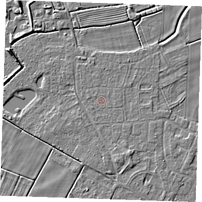 Shaded relief map of the ground around PE251JR, computed from Environment Agency LiDAR. The ground here sits at about 2 m above sea level and falls 6 m across the surrounding 800 m. The ground contributing surface water to this point lies to the north-west.