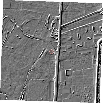 Shaded relief map of the ground around PE251JS, computed from Environment Agency LiDAR. The ground here sits at about 3 m above sea level and falls 6 m across the surrounding 800 m. Surface water reaching this point runs off ground lying to the south-east, 2.6 m higher.