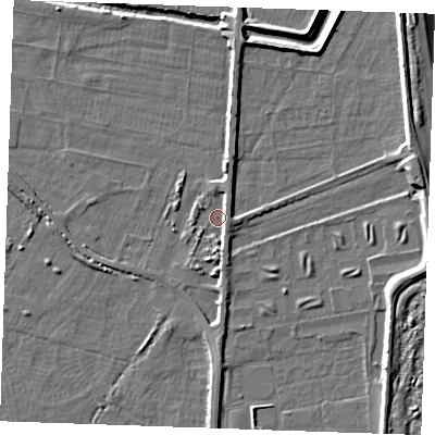 Shaded relief map of the ground around PE251JU, computed from Environment Agency LiDAR. The ground here sits at about 2 m above sea level and falls 8 m across the surrounding 800 m. Surface water reaching this point runs off ground lying to the north-north-east, 2.6 m higher.