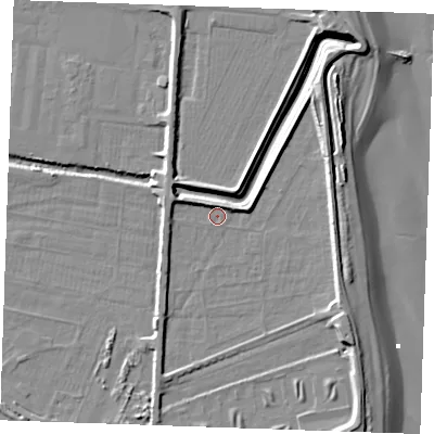 Shaded relief map of the ground around PE251JY, computed from Environment Agency LiDAR. The ground here sits at about 3 m above sea level and falls 10 m across the surrounding 800 m. Surface water reaching this point runs off ground lying to the north-north-west, 3.0 m higher.