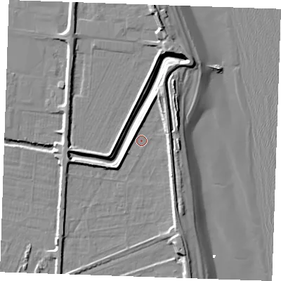 Shaded relief map of the ground around PE251JZ, computed from Environment Agency LiDAR. The ground here sits at about 3 m above sea level and falls 11 m across the surrounding 800 m. Surface water reaching this point runs off ground lying to the north-north-east, 6.6 m higher.