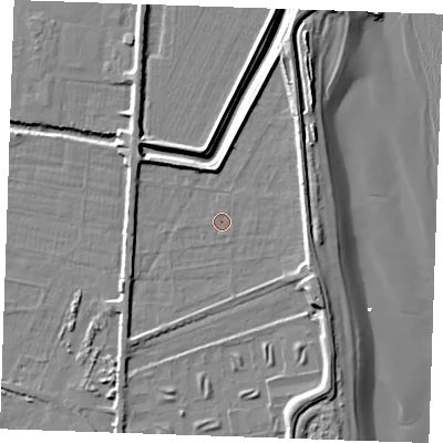 Shaded relief map of the ground around PE251LA, computed from Environment Agency LiDAR. The ground here sits at about 3 m above sea level and falls 10 m across the surrounding 800 m. Surface water reaching this point runs off ground lying to the east-north-east, 0.7 m higher.