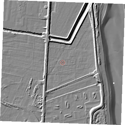 Shaded relief map of the ground around PE251LB, computed from Environment Agency LiDAR. The ground here sits at about 3 m above sea level and falls 10 m across the surrounding 800 m. Surface water reaching this point runs off ground lying to the north-east, 0.7 m higher.
