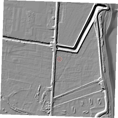 Shaded relief map of the ground around PE251LD, computed from Environment Agency LiDAR. The ground here sits at about 3 m above sea level and falls 9 m across the surrounding 800 m. Surface water reaching this point runs off ground lying to the south-south-west, 2.4 m higher.