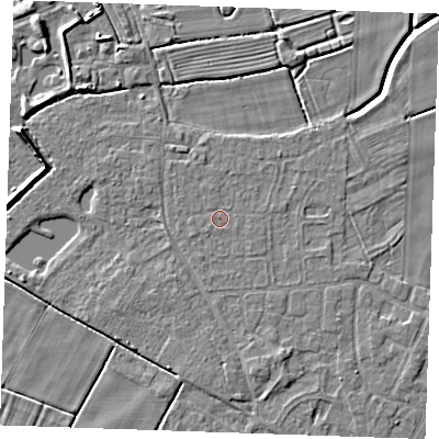 Shaded relief map of the ground around PE251LE, computed from Environment Agency LiDAR. The ground here sits at about 2 m above sea level and falls 6 m across the surrounding 800 m. The ground contributing surface water to this point lies to the north-north-east.