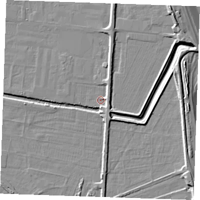 Shaded relief map of the ground around PE251LF, computed from Environment Agency LiDAR. The ground here sits at about 2 m above sea level and falls 10 m across the surrounding 800 m. Surface water reaching this point runs off ground lying to the south-east, 3.7 m higher.