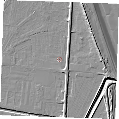 Shaded relief map of the ground around PE251LH, computed from Environment Agency LiDAR. The ground here sits at about 2 m above sea level and falls 11 m across the surrounding 800 m. Surface water reaching this point runs off ground lying to the east-north-east, 3.4 m higher.