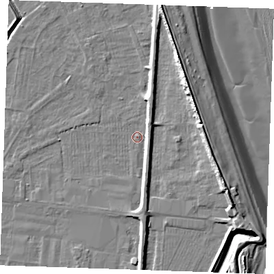 Shaded relief map of the ground around PE251LJ, computed from Environment Agency LiDAR. The ground here sits at about 2 m above sea level and falls 12 m across the surrounding 800 m. Surface water reaching this point runs off ground lying to the south-south-east, 3.7 m higher.