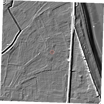 Shaded relief map of the ground around PE251LL, computed from Environment Agency LiDAR. The ground here sits at about 2 m above sea level and falls 11 m across the surrounding 800 m. Surface water reaching this point runs off ground lying to the north-west, 0.6 m higher.