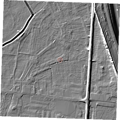 Shaded relief map of the ground around PE251LN, computed from Environment Agency LiDAR. The ground here sits at about 2 m above sea level and falls 10 m across the surrounding 800 m. Surface water reaching this point runs off ground lying to the east, 4.0 m higher.