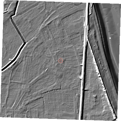 Shaded relief map of the ground around PE251LP, computed from Environment Agency LiDAR. The ground here sits at about 2 m above sea level and falls 11 m across the surrounding 800 m. The ground contributing surface water to this point lies to the north-west.