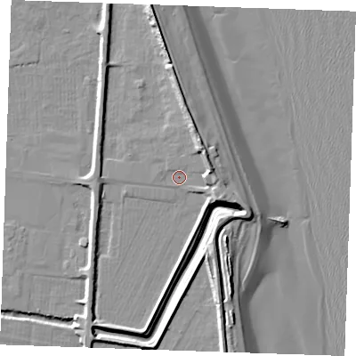 Shaded relief map of the ground around PE251LQ, computed from Environment Agency LiDAR. The ground here sits at about 3 m above sea level and falls 12 m across the surrounding 800 m. Surface water reaching this point runs off ground lying to the east-north-east, 5.7 m higher.