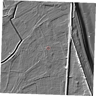 Shaded relief map of the ground around PE251LR, computed from Environment Agency LiDAR. The ground here sits at about 2 m above sea level and falls 11 m across the surrounding 800 m. The ground contributing surface water to this point lies to the south-west.