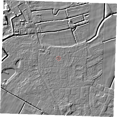 Shaded relief map of the ground around PE251LS, computed from Environment Agency LiDAR. The ground here sits at about 2 m above sea level and falls 5 m across the surrounding 800 m. The ground contributing surface water to this point lies to the north-east.
