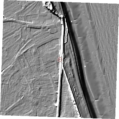Shaded relief map of the ground around PE251LT, computed from Environment Agency LiDAR. The ground here sits at about 3 m above sea level and falls 13 m across the surrounding 800 m. Surface water reaching this point runs off ground lying to the south-east, 3.3 m higher.