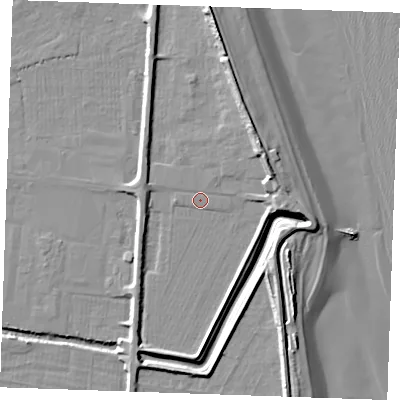 Shaded relief map of the ground around PE251LU, computed from Environment Agency LiDAR. The ground here sits at about 3 m above sea level and falls 12 m across the surrounding 800 m. Surface water reaching this point runs off ground lying to the east-north-east, 6.7 m higher.