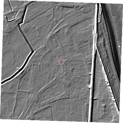 Shaded relief map of the ground around PE251LW, computed from Environment Agency LiDAR. The ground here sits at about 2 m above sea level and falls 11 m across the surrounding 800 m. Surface water reaching this point runs off ground lying to the south, 0.5 m higher.