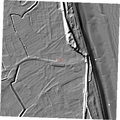 Shaded relief map of the ground around PE251LX, computed from Environment Agency LiDAR. The ground here sits at about 2 m above sea level and falls 14 m across the surrounding 800 m. Surface water reaching this point runs off ground lying to the east-north-east, 7.1 m higher.