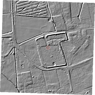 Shaded relief map of the ground around PE251LY, computed from Environment Agency LiDAR. The ground here sits at about 2 m above sea level and falls 5 m across the surrounding 800 m. Surface water reaching this point runs off ground lying to the south-east, 2.4 m higher.
