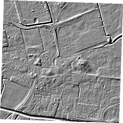 Shaded relief map of the ground around PE251NB, computed from Environment Agency LiDAR. The ground here sits at about 2 m above sea level and falls 4 m across the surrounding 800 m. Surface water reaching this point runs off ground lying to the east-north-east, 2.3 m higher.