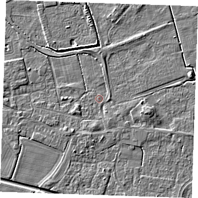 Shaded relief map of the ground around PE251ND, computed from Environment Agency LiDAR. The ground here sits at about 2 m above sea level and falls 4 m across the surrounding 800 m. Surface water reaching this point runs off ground lying to the east, 2.4 m higher.