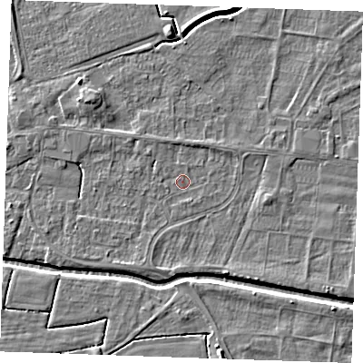 Shaded relief map of the ground around PE251NE, computed from Environment Agency LiDAR. The ground here sits at about 2 m above sea level and falls 4 m across the surrounding 800 m. Surface water reaching this point runs off ground lying to the south-east, 1.8 m higher.