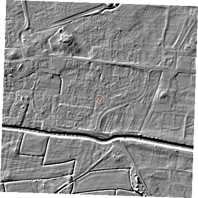 Shaded relief map of the ground around PE251NF, computed from Environment Agency LiDAR. The ground here sits at about 2 m above sea level and falls 5 m across the surrounding 800 m. Surface water reaching this point runs off ground lying to the south-east, 1.2 m higher.