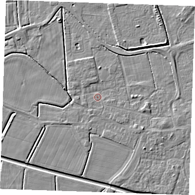Shaded relief map of the ground around PE251NG, computed from Environment Agency LiDAR. The ground here sits at about 2 m above sea level and falls 4 m across the surrounding 800 m. Surface water reaching this point runs off ground lying to the south-east, 2.2 m higher.