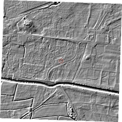 Shaded relief map of the ground around PE251NH, computed from Environment Agency LiDAR. The ground here sits at about 2 m above sea level and falls 5 m across the surrounding 800 m. Surface water reaching this point runs off ground lying to the south-east, 1.2 m higher.