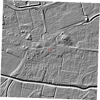 Shaded relief map of the ground around PE251NP, computed from Environment Agency LiDAR. The ground here sits at about 3 m above sea level and falls 4 m across the surrounding 800 m. The ground contributing surface water to this point lies to the west-south-west.