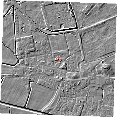 Shaded relief map of the ground around PE251NR, computed from Environment Agency LiDAR. The ground here sits at about 2 m above sea level and falls 4 m across the surrounding 800 m. Surface water reaching this point runs off ground lying to the south, 1.8 m higher.