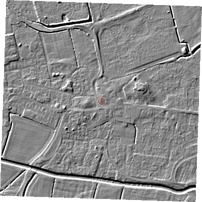 Shaded relief map of the ground around PE251NS, computed from Environment Agency LiDAR. The ground here sits at about 3 m above sea level and falls 4 m across the surrounding 800 m. Surface water reaching this point runs off ground lying to the west, 1.0 m higher.