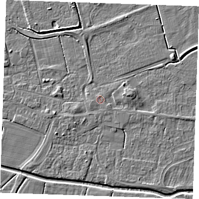 Shaded relief map of the ground around PE251NT, computed from Environment Agency LiDAR. The ground here sits at about 3 m above sea level and falls 4 m across the surrounding 800 m. Surface water reaching this point runs off ground lying to the east, 1.9 m higher.