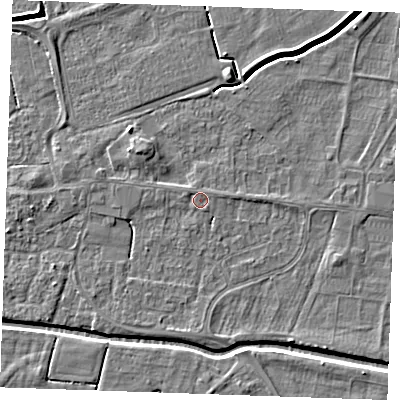 Shaded relief map of the ground around PE251NU, computed from Environment Agency LiDAR. The ground here sits at about 2 m above sea level and falls 4 m across the surrounding 800 m. The ground contributing surface water to this point lies to the east-north-east.