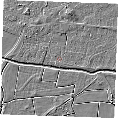 Shaded relief map of the ground around PE251NW, computed from Environment Agency LiDAR. The ground here sits at about 2 m above sea level and falls 5 m across the surrounding 800 m. Surface water reaching this point runs off ground lying to the south-south-west, 0.8 m higher.