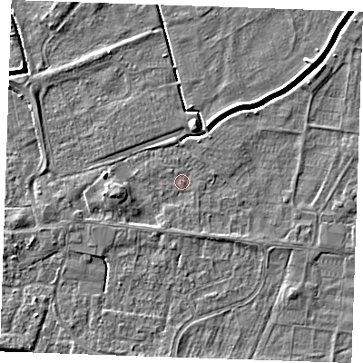 Shaded relief map of the ground around PE251NY, computed from Environment Agency LiDAR. The ground here sits at about 2 m above sea level and falls 4 m across the surrounding 800 m. Surface water reaching this point runs off ground lying to the north, 0.6 m higher.