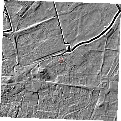 Shaded relief map of the ground around PE251NZ, computed from Environment Agency LiDAR. The ground here sits at about 2 m above sea level and falls 4 m across the surrounding 800 m. Surface water reaching this point runs off ground lying to the north, 0.6 m higher.
