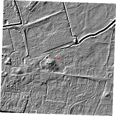 Shaded relief map of the ground around PE251PA, computed from Environment Agency LiDAR. The ground here sits at about 2 m above sea level and falls 4 m across the surrounding 800 m. Surface water reaching this point runs off ground lying to the west-south-west, 2.3 m higher.