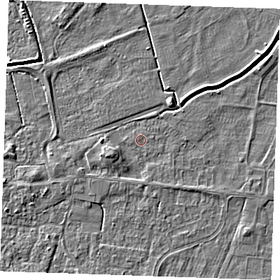 Shaded relief map of the ground around PE251PB, computed from Environment Agency LiDAR. The ground here sits at about 2 m above sea level and falls 4 m across the surrounding 800 m. The ground contributing surface water to this point lies to the west-south-west.