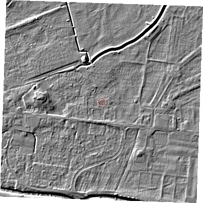 Shaded relief map of the ground around PE251PD, computed from Environment Agency LiDAR. The ground here sits at about 2 m above sea level and falls 4 m across the surrounding 800 m. Surface water reaching this point runs off ground lying to the south, 0.8 m higher.