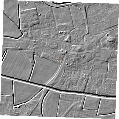 Shaded relief map of the ground around PE251PF, computed from Environment Agency LiDAR. The ground here sits at about 2 m above sea level and falls 4 m across the surrounding 800 m. Surface water reaching this point runs off ground lying to the north-east, 1.0 m higher.