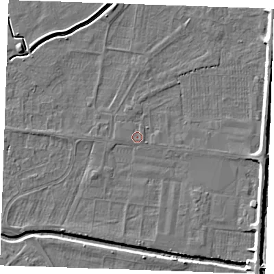 Shaded relief map of the ground around PE251PG, computed from Environment Agency LiDAR. The ground here sits at about 2 m above sea level and falls 6 m across the surrounding 800 m. The ground contributing surface water to this point lies to the south-east.