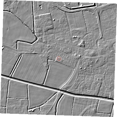 Shaded relief map of the ground around PE251PP, computed from Environment Agency LiDAR. The ground here sits at about 3 m above sea level and falls 4 m across the surrounding 800 m. Surface water reaching this point runs off ground lying to the west, 0.8 m higher.