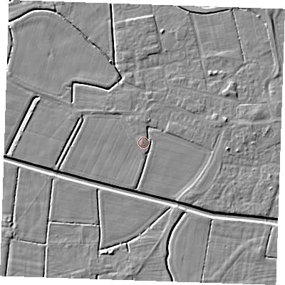 Shaded relief map of the ground around PE251PQ, computed from Environment Agency LiDAR. The ground here sits at about 2 m above sea level and falls 4 m across the surrounding 800 m. Surface water reaching this point runs off ground lying to the north-north-west, 1.5 m higher.