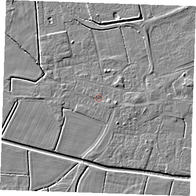 Shaded relief map of the ground around PE251PS, computed from Environment Agency LiDAR. The ground here sits at about 2 m above sea level and falls 4 m across the surrounding 800 m. Surface water reaching this point runs off ground lying to the east-south-east, 0.8 m higher.